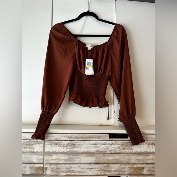 No Comment Tops - 🤎 NWT No Comment Juniors M Brown Smocked Peasant Blouse Puff Sleeve Crop Top
